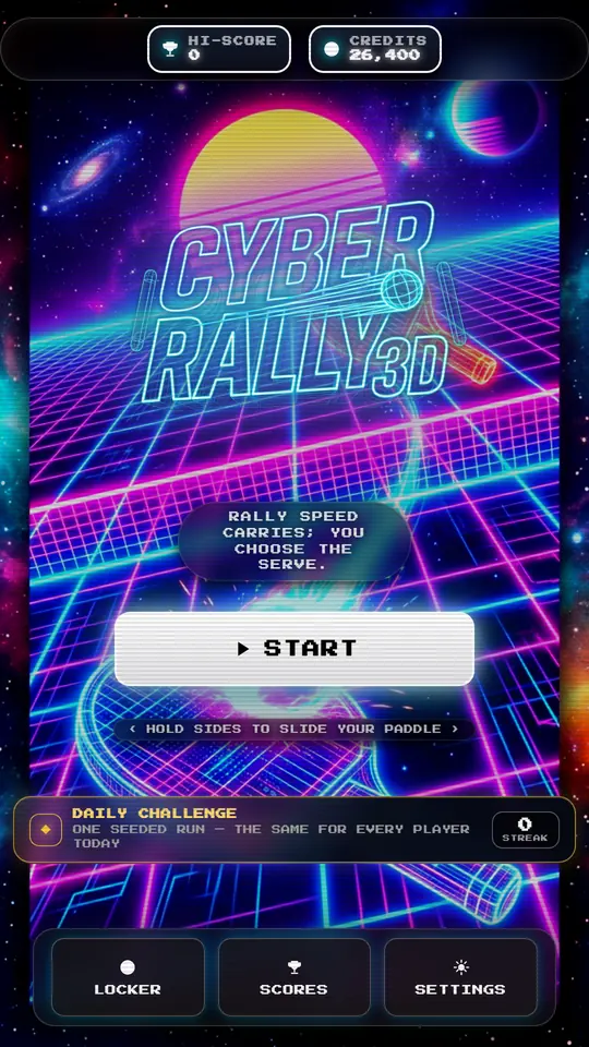 Cyber Rally 3D home screen with the neon paddles and ball logo