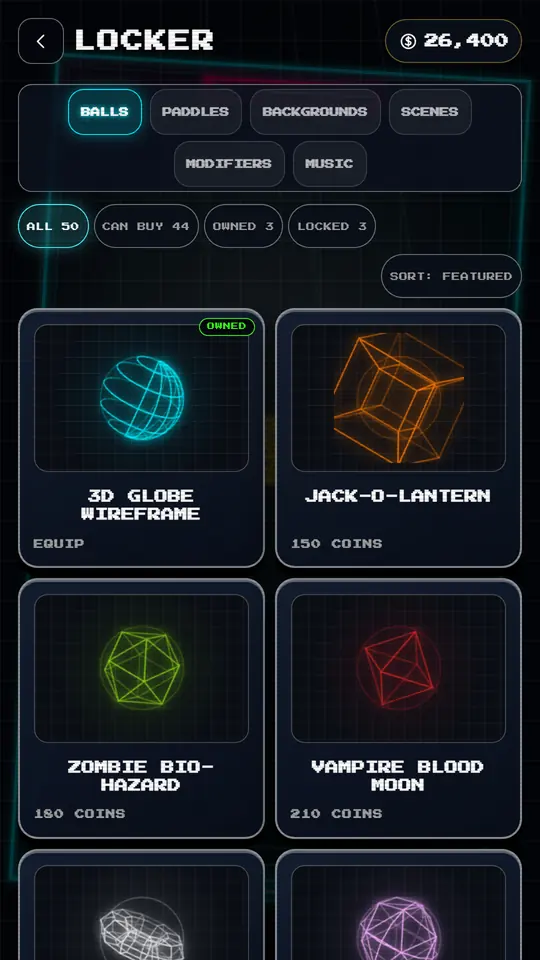 The Cyber Rally 3D cosmetics store showing unlockable vector paddles and balls