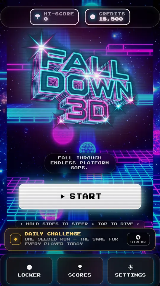 Falldown 3D home screen with the neon wireframe ball and the game logo