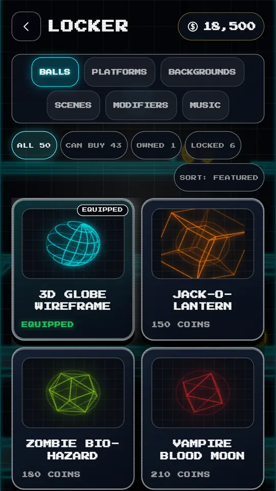 The Falldown 3D cosmetics store showing unlockable vector balls and platforms
