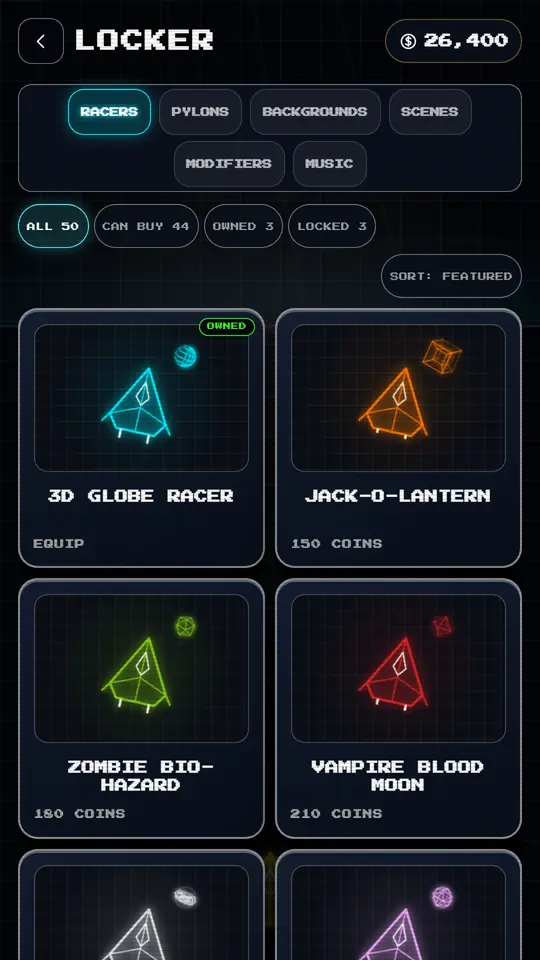 The Grid Racer 3D cosmetics store showing unlockable vector racers and pylon styles