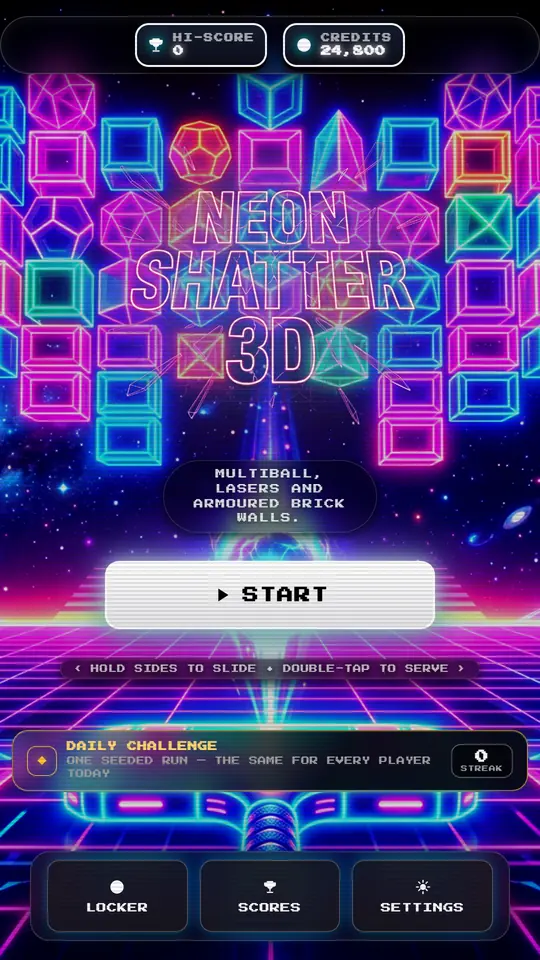 Neon Shatter 3D home screen with the neon ball and shattered brick logo