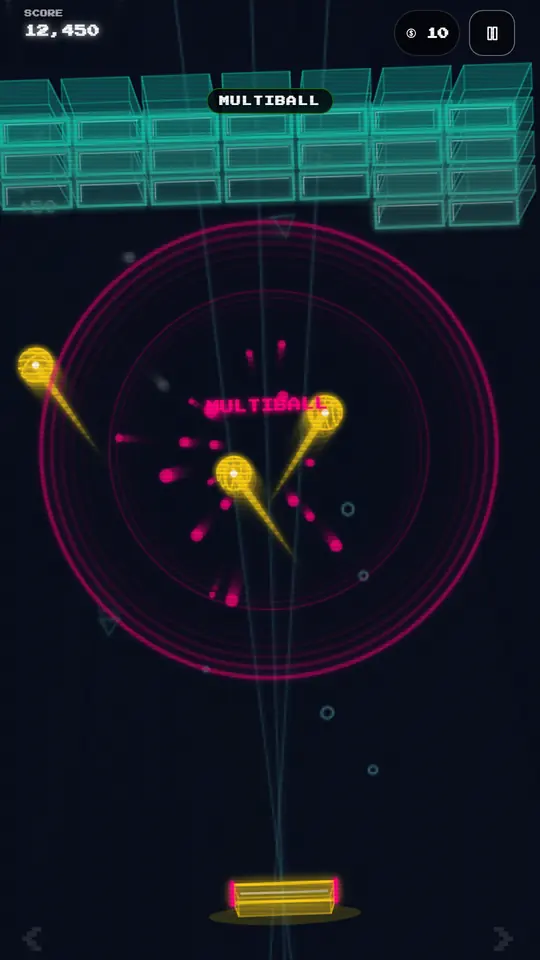 Neon Shatter 3D with the multiball powerup active and several balls in play