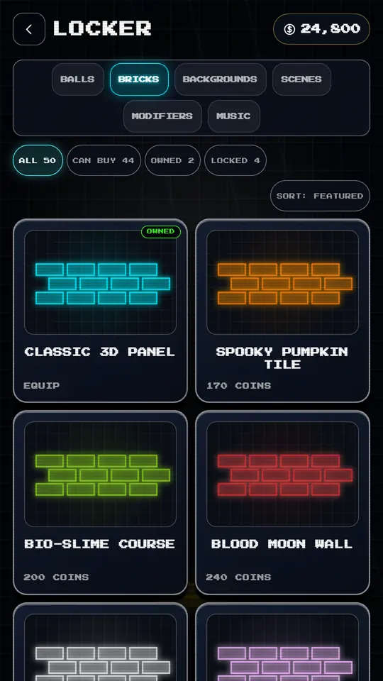 The Neon Shatter 3D cosmetics store showing unlockable vector balls and brick styles