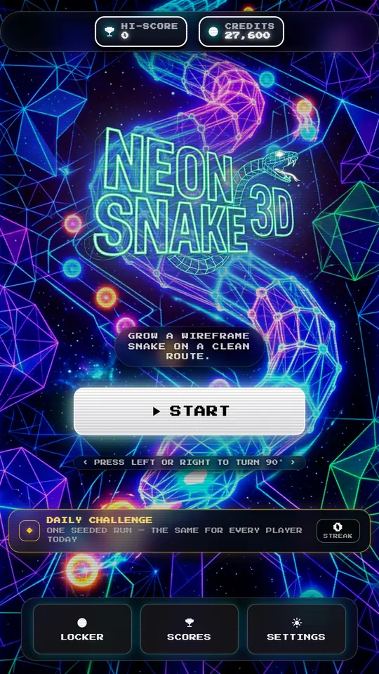 Neon Snake 3D home screen with the glowing coiled snake logo