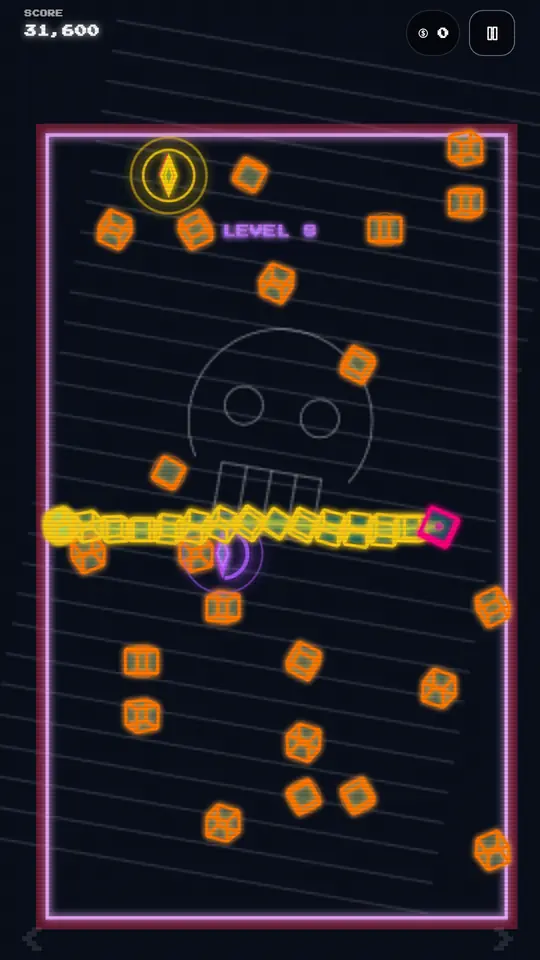 Neon Snake 3D late run with a long tail and obstacles crowding the arena