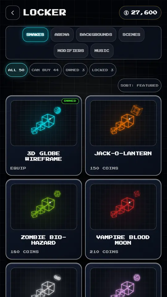 The Neon Snake 3D cosmetics store showing unlockable vector snakes and arenas