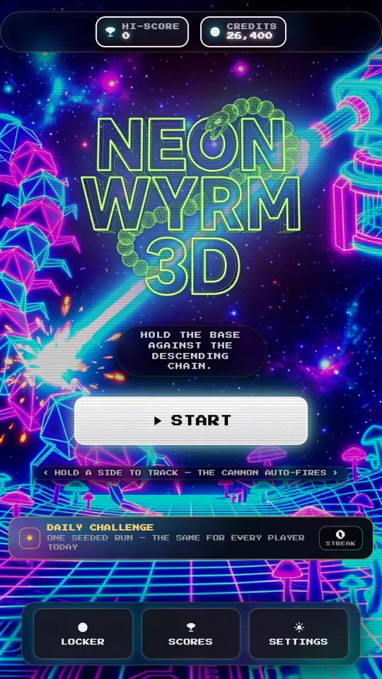 Neon Wyrm 3D home screen with the glowing segmented wyrm logo
