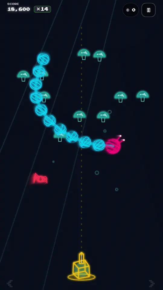 Neon Wyrm 3D with the wyrm winding down through the field toward the turret
