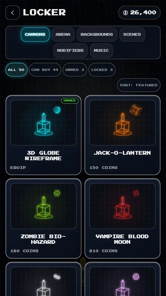 The Neon Wyrm 3D cosmetics store showing unlockable vector cannons and arenas