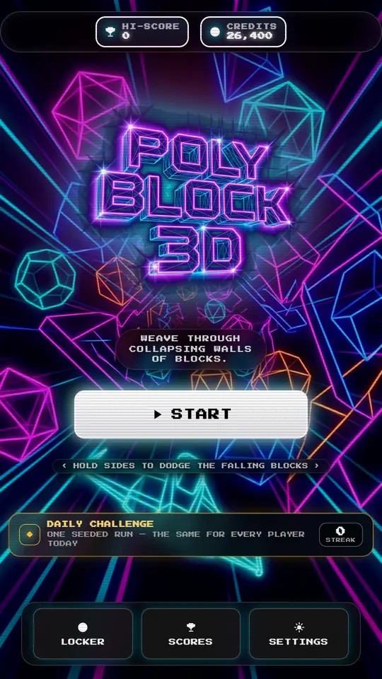 PolyBlock 3D home screen with the neon wireframe block logo