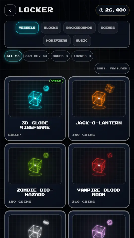 The PolyBlock 3D cosmetics store showing unlockable vector vessels and block styles