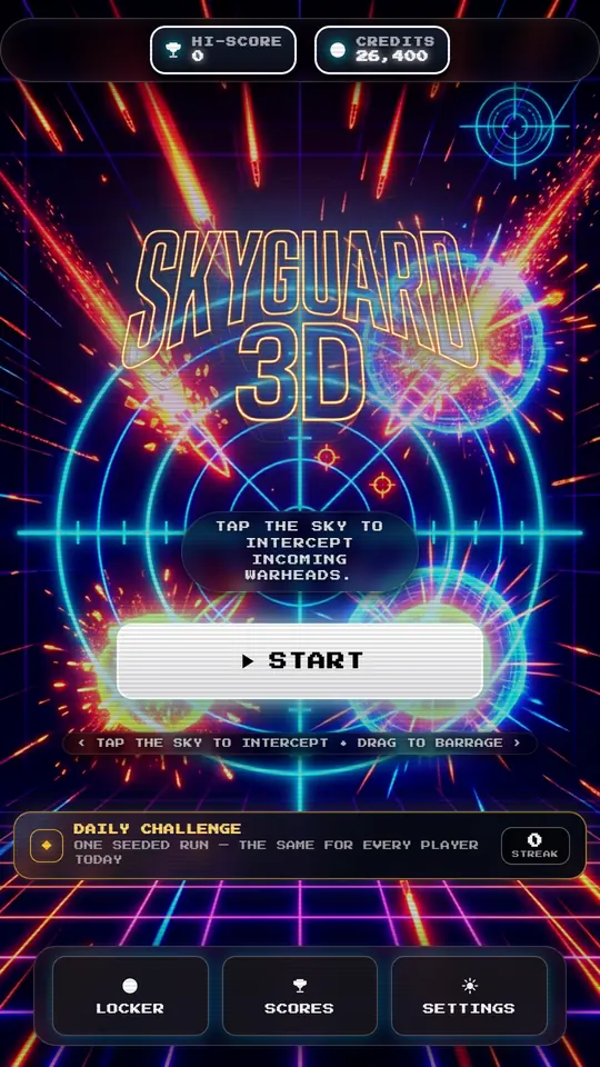 Skyguard 3D home screen with the neon turret and city skyline logo