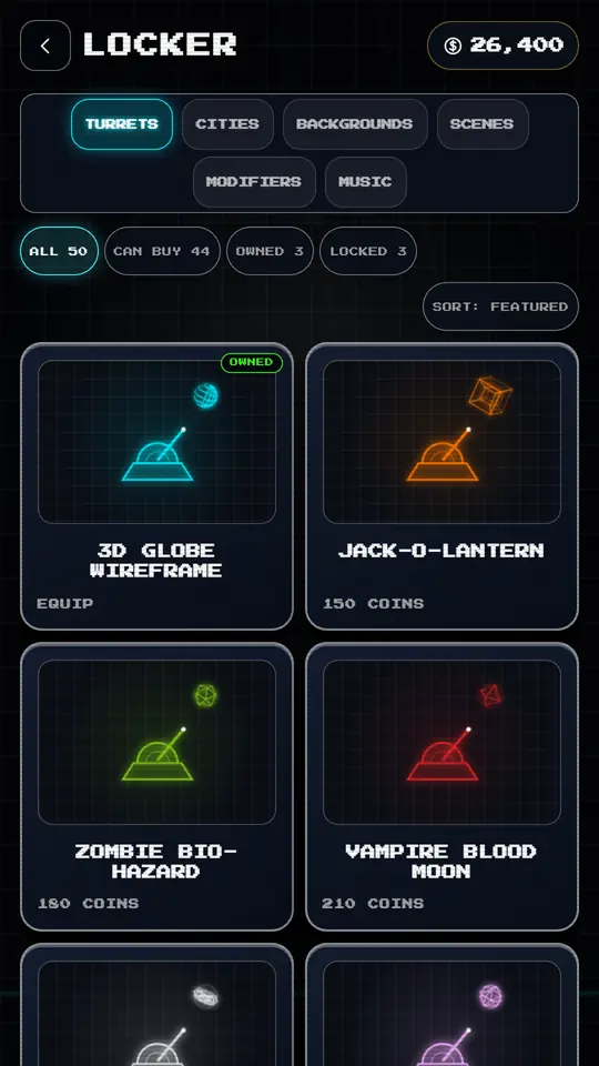 The Skyguard 3D cosmetics store showing unlockable vector turrets and cities