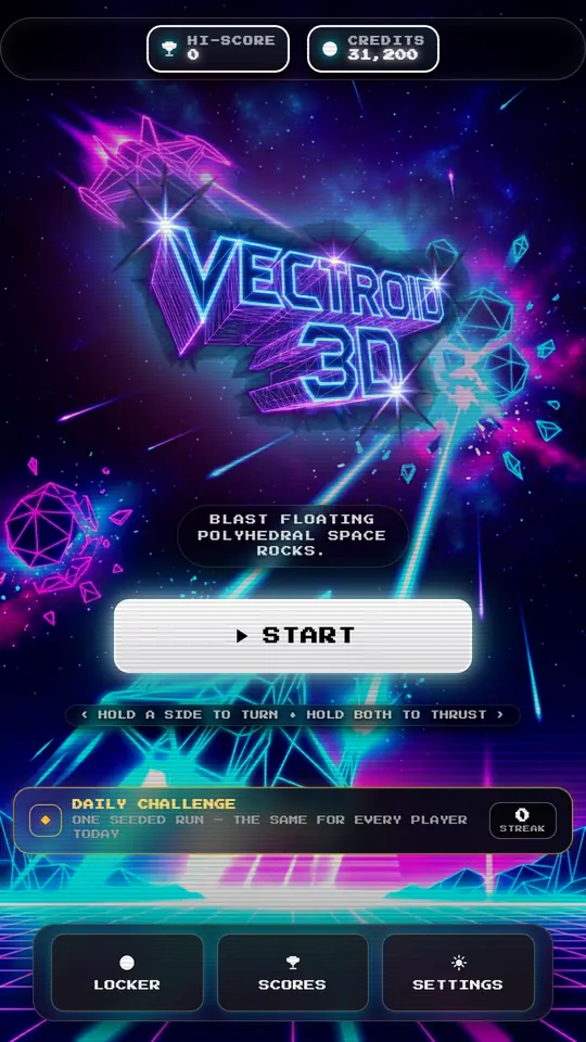 Vectoroid 3D home screen showing the wireframe ship and the game logo