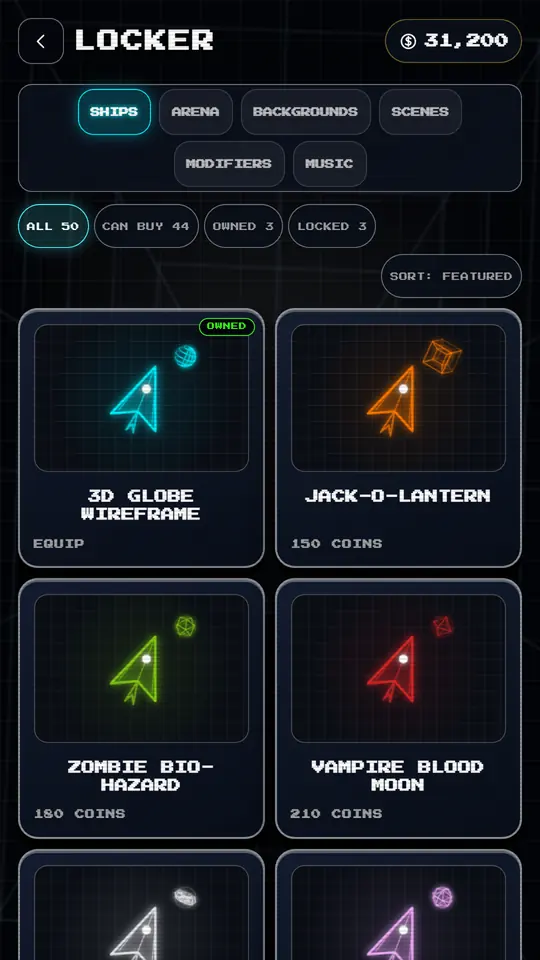 The Vectoroid 3D cosmetics store showing unlockable vector ships and arenas