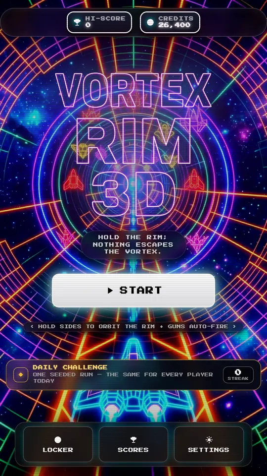 Vortex Rim 3D home screen with the neon claw and vortex logo
