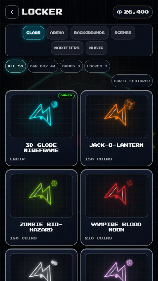 The Vortex Rim 3D cosmetics store showing unlockable vector claws and arenas